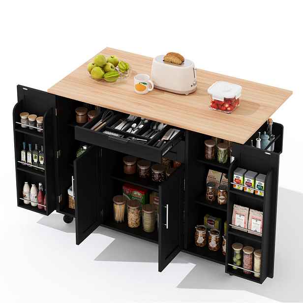 Modenvie KUCHYŇSKÝ ostrůvek z MDF, 136/70/92 cm černý/přírodní, s výklopnou pracovní deskou