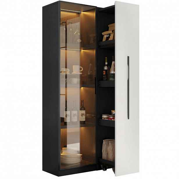 Modfu VITRÍNA z MDF 70x40x160 cm černo-bílá s LED osvětlením, bočním výsuvem a skleněnou přední částí