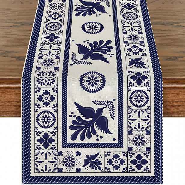 TEMU 1/4ks, Lněný Běhoun na Stůl/Prostírání, Módní Květinový Pták Dia De Los Muertos Mexický Běhoun na Stůl, Modré Patchwork Dlaždice Dekorace
