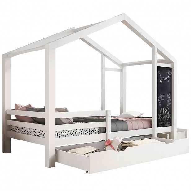 CHICFURN DOMEČKOVÁ POSTEL 90/200 cm v bílé barvě s tabulí a 2 zásuvkami