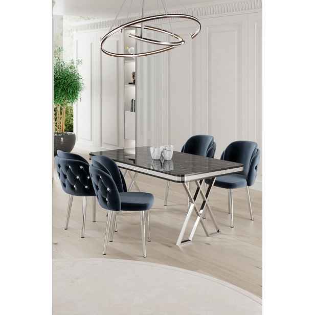 Dining Table & Chairs Set (5 Pieces) Rigel - Black Marble, Chrome, Anthracite