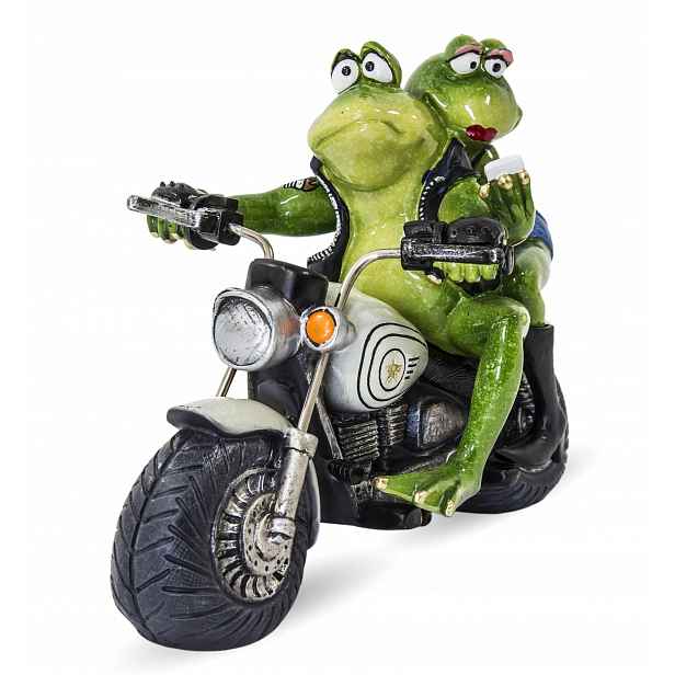 Figura žába žabky na motocyklu, zábavná dekorace, která zaručuje úsměv