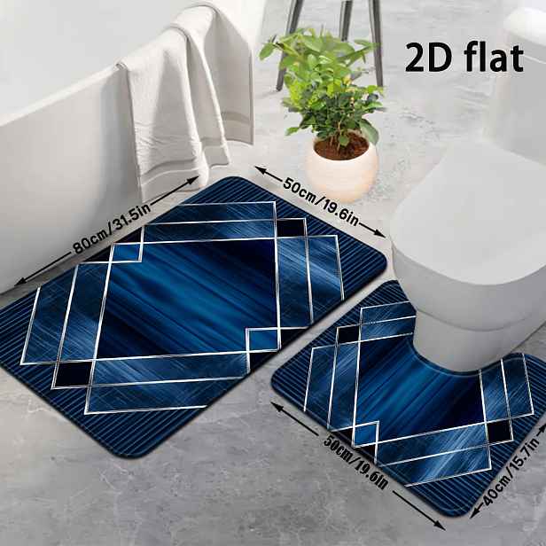 TEMU 2D plochá, 2D plochý tisk 2ks modrá geometrická hranová sada koupelnových rohoží, moderní styl lehkého luxusu, koupelnová rohož, dekorativní