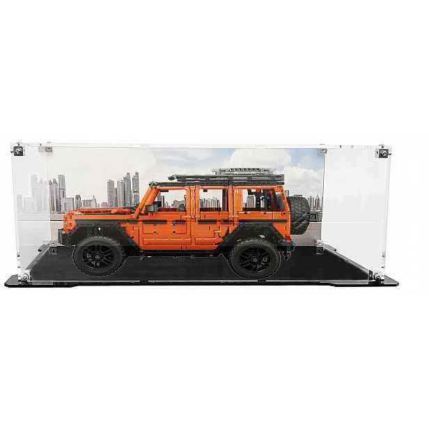 Vitrína s černou základnou a pozadím pro sadu Lego 42177 Mercedes-Benz G 500