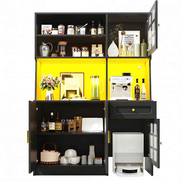 OKWISH KUCHYŇSKÁ skříň 130/45/180 cm černá z MDF s LED osvětlením a skleněnými dvířky
