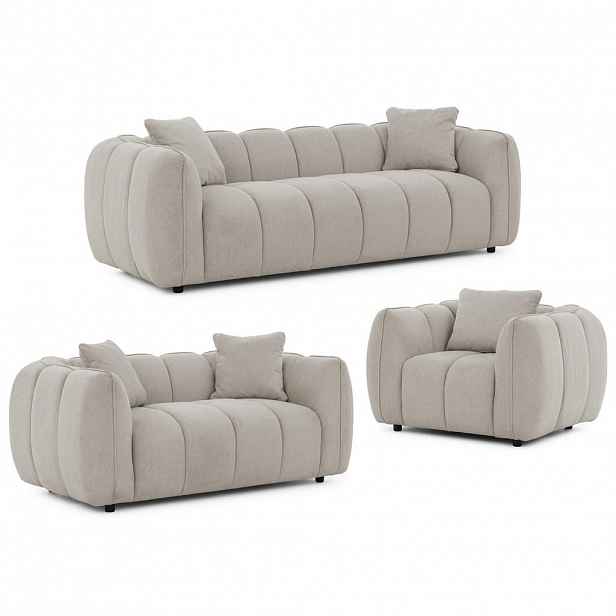 S-Style SEDACÍ SOUPRAVA 3+2+1 Nubira v hluboce prošívaném designu Bubble z měkké strukturované látky v barvě taupe s moderním vzhledem