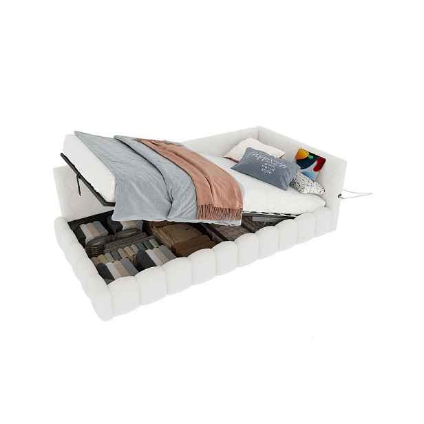 Redom DENNÍ postel 90/200 cm z sametu s LED osvětlením, USB, USB-C a hydraulickým úložným prostorem, bílá