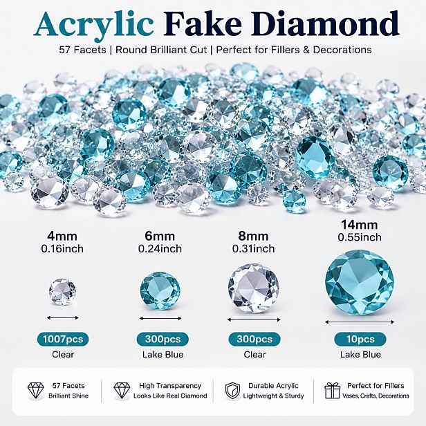 TEMU 1617 ks akrylátových imitací diamantů v jezerně modré barvě vhodných pro svatební dekorace, výplňové kameny do váz, drahokamy na rozlučku se