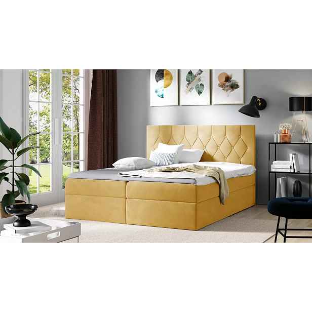 Postel boxspring TIBOR - 140x220, žlutá + topper ZDARMA