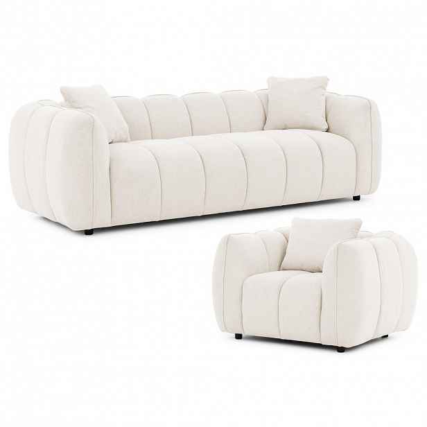 S-Style SEDACÍ SOUPRAVA 3+1 Nubira v hluboce prošívaném designu Bubble z měkké strukturované látky v krémové barvě s moderním vzhledem