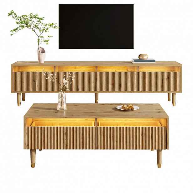 FLIEKS SET TV KOMODY A KONFERENČNÍHO STOLKU 4 Dveře LED Dřevo Zlatá