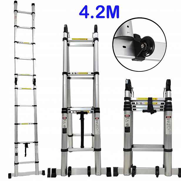 Hliníkový teleskopický skládací žebřík 2x5 stupňů, kloubový, 4,2 m, rámový, s kolečky
