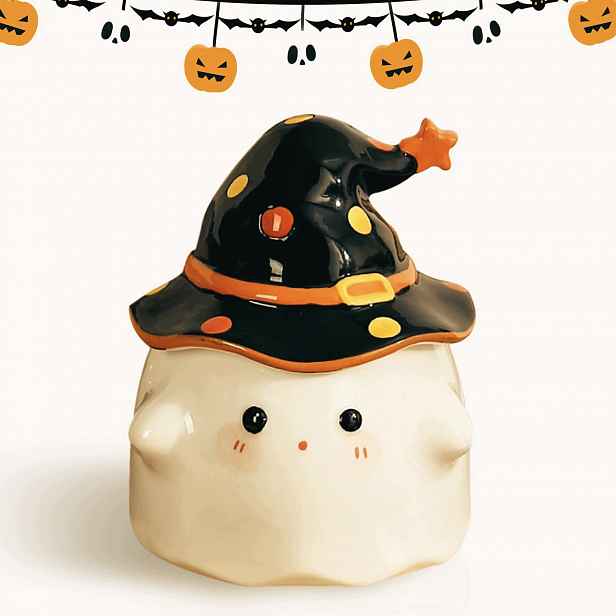 Halloweenský Hrnek 300 ML Keramický Duch S Víčkem, Černobílý