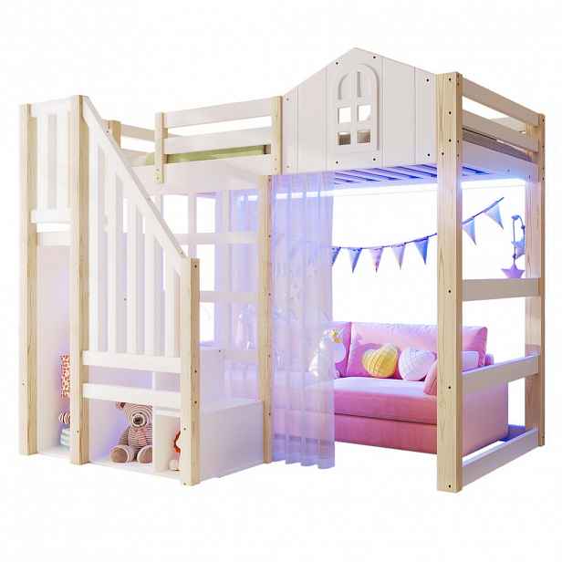 CHICFURN VYVÝŠENÁ POSTEL 90/200 cm v bílé a přírodní barvě s LED osvětlením a úložným žebříkem