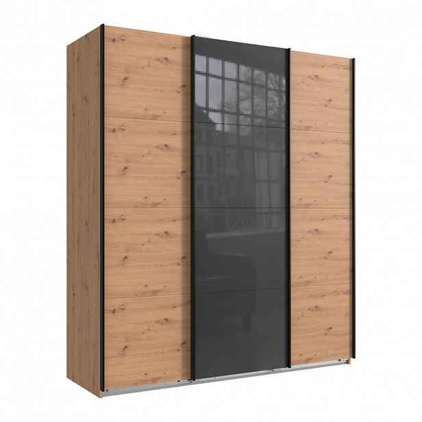 luma-home SKŘÍŇ S POSUVNÝMI DVEŘMI, 3dveřová, šířka 180 cm / výška 208 cm / hloubka 64 cm, dekor dub Artisan, s jedněmi prosklenými dveřmi v šedé barv
