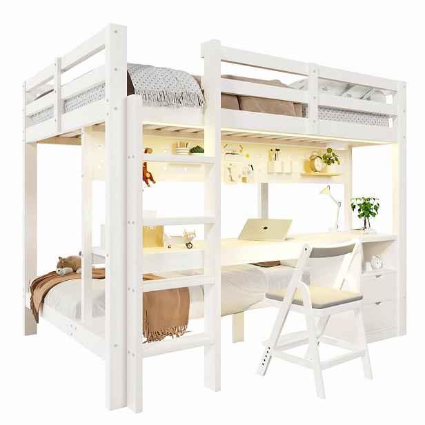 CHICFURN PATROVÁ POSTEL 140/200 cm & 90/200 cm v bílé barvě se zásuvkami a stolem