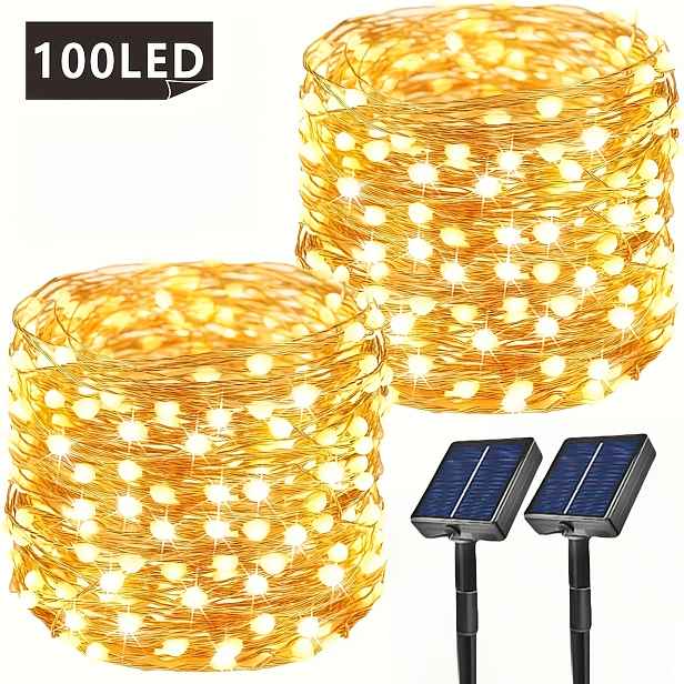 TEMU 2 balení IP54 lithiové baterie měděný drát 7.01/11.89/21.95/31.7 metrů 50/100/200/300 LED venkovní solární řetězová světla, s 8 režimy, vhodné