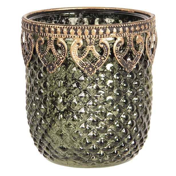 Zeleno zlatý skleněný svícen s patinou Tealight - 8*9 cm Clayre & Eef