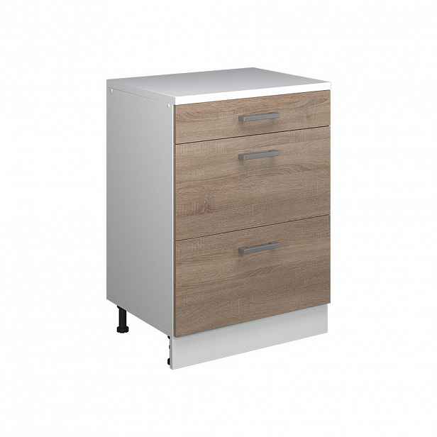 Vicco KUCHYŇSKÁ SKŘÍŇKA POD ŠIKMOU STŘECHU R-Line, Sonoma, 60 cm bez šikminy se 3 zásuvkami
