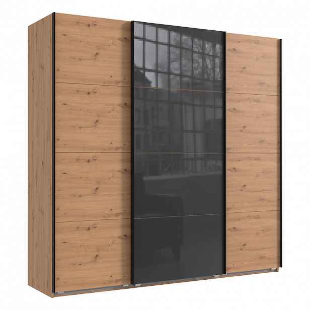luma-home SKŘÍŇ S POSUVNÝMI DVEŘMI, 3dveřová, 225 × 236 × 64 cm (Š×V×H), extra vysoká, v dekoru dub Artisan, s jedněmi prosklenými dveřmi v šedé barvě
