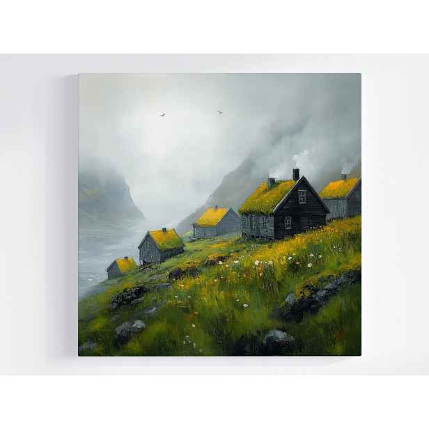 Obraz Na Plátně Canvas Krajina Faerské Ostrovy Hory Domky Mlha Trekking 50x50