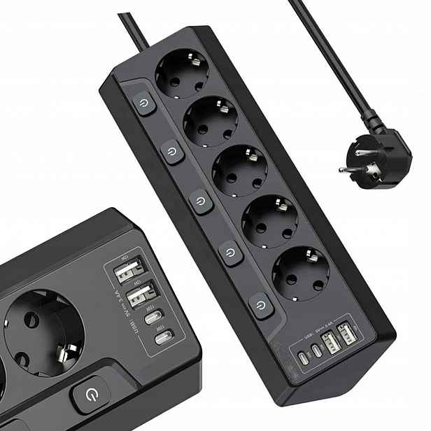 Prodlužovací Kabel Zásuvková Lišta Vypínač 4x Usb 5 Zásuvek 2 m Uzemnění Černý