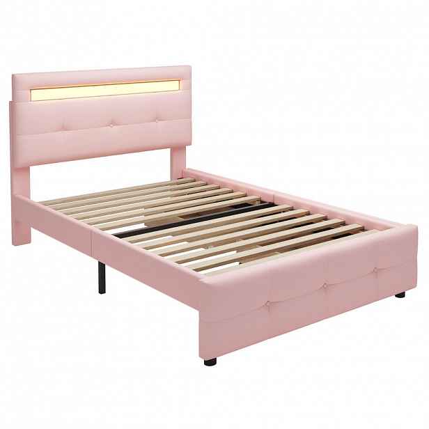 CHICFURN ČALOUNĚNÁ POSTEL 90/200 cm v růžové barvě s LED osvětlením a 2 zásuvkami