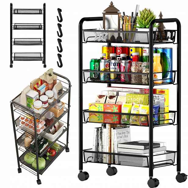 Kovový Vozík, Mobilní Organizér, Stolek, 4 Úrovně Koleček, 81 CM, Černý
