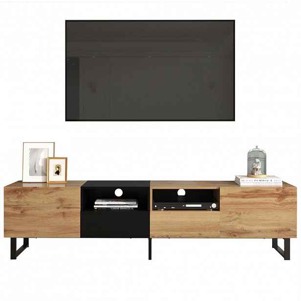 OKWISH TV stolek 190/38/48 cm černá a přírodní z MDF s 2 dvířky a 2 zásuvkami
