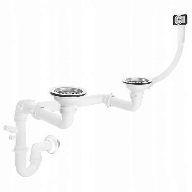 Dřezový sifon Inox 2x3,5″ s přepadem a výstupem na myčku nádobí