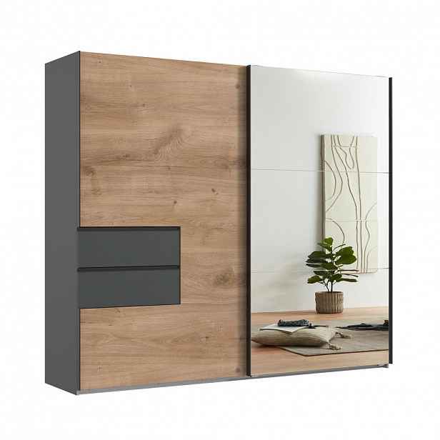 luma-home SKŘÍŇ S POSUVNÝMI DVEŘMI, 2dveřová, 250 × 216 × 65 cm (Š×V×H), korpus a zásuvky v barvě grafitu, dveře v dekoru dubu / zrcadlové / 22051