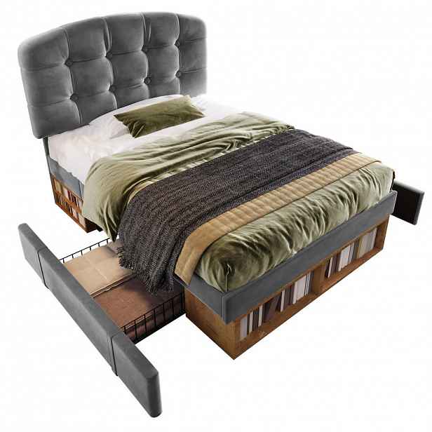 CHICFURN ČALOUNĚNÁ POSTEL 90/200 cm v šedé barvě se sametovým potahem, zásuvkami a úložnými prostory