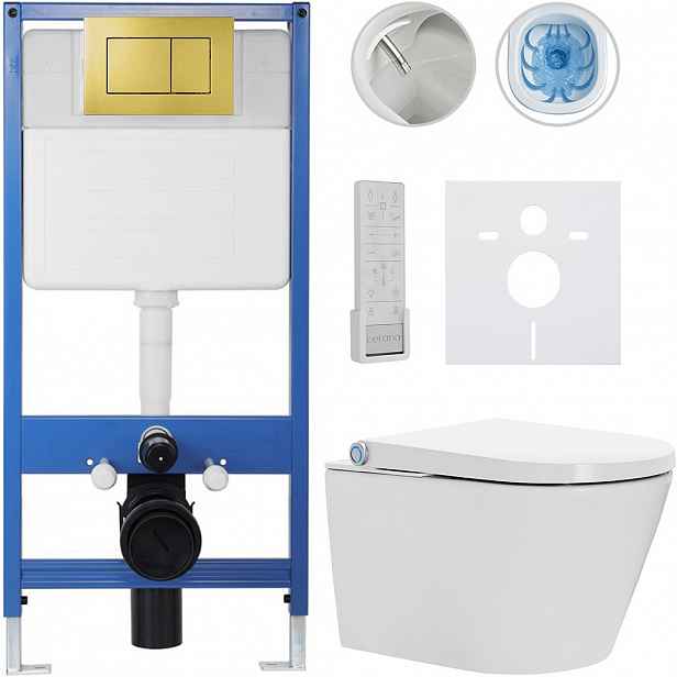 Kompletní WC set Profi/Cronus Premium - bílá lesklá - WC tlačítko Classic/Zlatá - předstěnová instalace - 59,3x38,4 cm