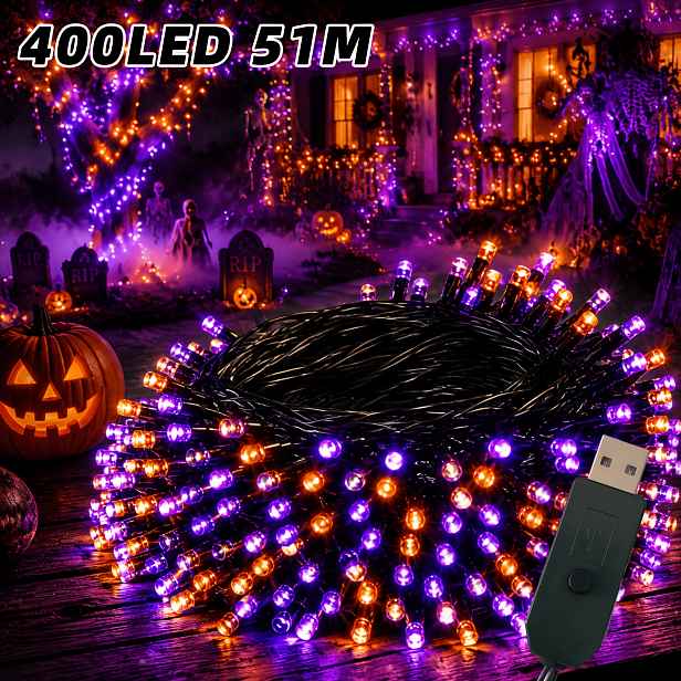 TEMU Fialovo-oranžové pohádkové halloweenské řetězové světla, 400/240/120 LED pohádkové žárovky s vysokou svítivostí, napájené přes USB konektor, 13