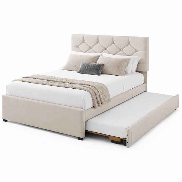 CHICFURN ČALOUNĚNÁ POSTEL 140/200 cm & 90/190 cm v béžové barvě s výsuvným lůžkem ze sametu