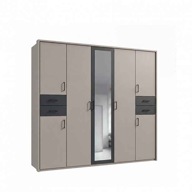 luma-home SKŘÍŇ S OTOČNÝMI DVEŘMI Š228/V210/H58 cm, pískově šedá s grafitovými akcenty, s paspartou, 1 zrcadlovými dveřmi a zásuvkami, úchytky černé /