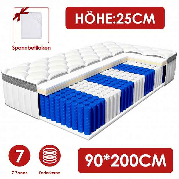 TEMU Carroltt Nezávislá Pružinová Matrace v Pytli 90×200, 7zónová Podpora, Hybridní Design, Pohodlná Pěna, Stupeň Pevnosti H3
