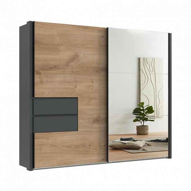 luma-home SKŘÍŇ S POSUVNÝMI DVEŘMI, 2dveřová, 262 × 216 × 65 cm (Š×V×H), korpus/rámeček/zásuvky v barvě grafitu, dveře v dekoru dubu/zrcadlové / 22060