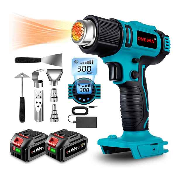 Horkovzdušná Pistole LCD displej, regulace teploty 2x4Ah, 5 trysek pro barvy
