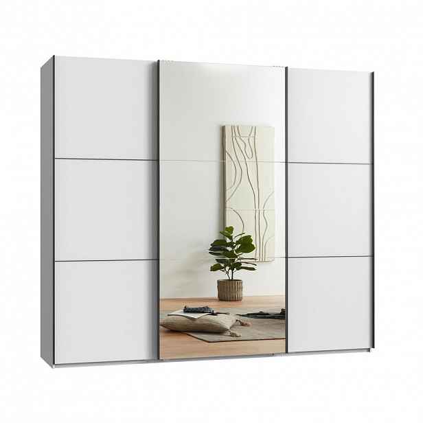 luma-home SKŘÍŇ S POSUVNÝMI DVEŘMI, 3dveřová, šířka 250 cm, výška 216 cm, hloubka 65 cm, bílá, s jedním zrcadlovým křídlem, včetně kompletního vybaven