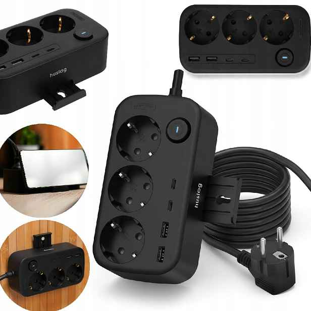 Prodlužovací Kabel s držákem na telefon Huslog, napájecí kostka, 3 zásuvky, 4 Usb