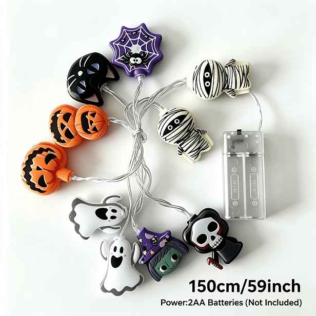 TEMU Halloweenské řetězové světla 1,5 m 10LED/3 m 20LED, na baterie, s dýně, čarodějnice, lebky, pavouka, černé kočky, vílí světýlka, stálá a