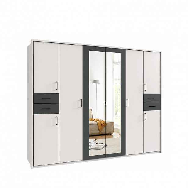 luma-home SKŘÍŇ S OTOČNÝMI DVEŘMI Š273/V210/H58 cm, bílá s grafitovými akcenty, s paspartou, 2 zrcadlovými dveřmi a zásuvkami, černé úchytky / 22578
