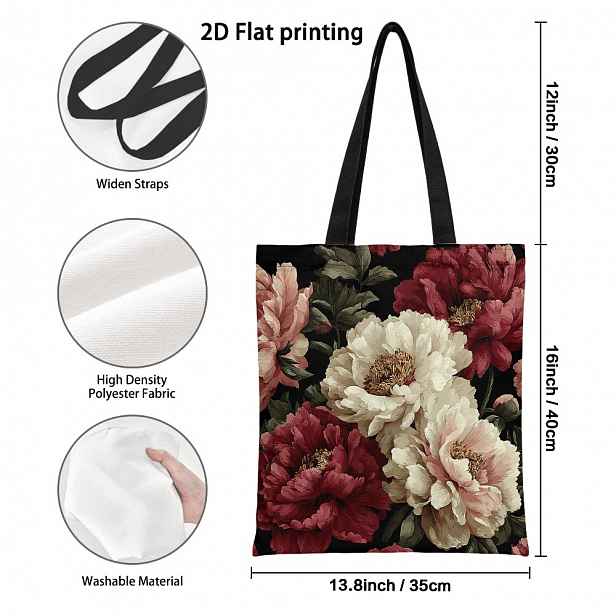 TEMU 1 ks Stylová elegantní plátěná taška s designem pivoňkových květů, zářivě 2D tištěné opakovaně použitelné nákupní tašky, prostorná taška přes