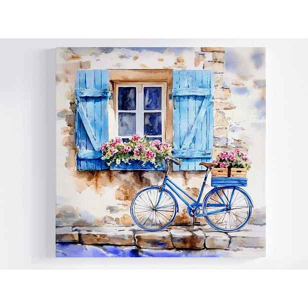 Obraz Na Plátně Canvas Modrý Kolo Okno Květiny Pohled Pohlednice 50x50