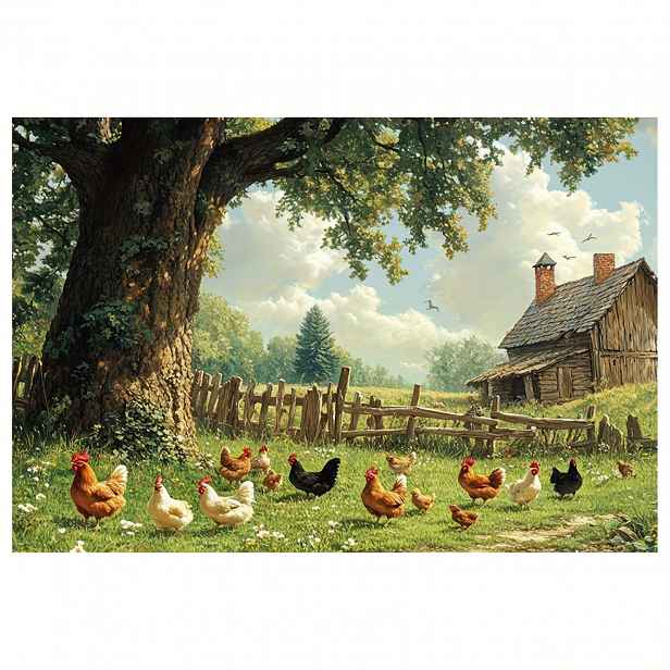 TEMU 1 kus bezrámového plátna na zeď - "Stádo kuřat v zahradě" s zeleninou a dřevěným plotem, 30,48 x 45,72 cm, klidná venkovská scéna s pastoračním