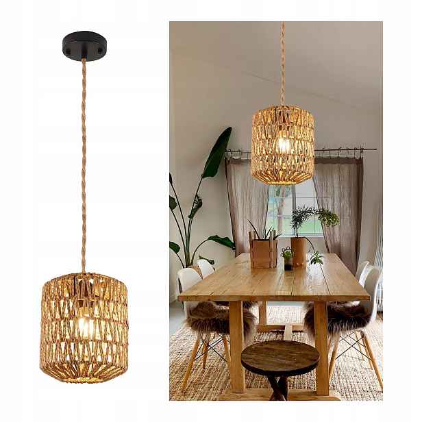 Závěsná lampa z ratanu, závěsná lampa do jídelny E27, nastavitelné boho stínidlo