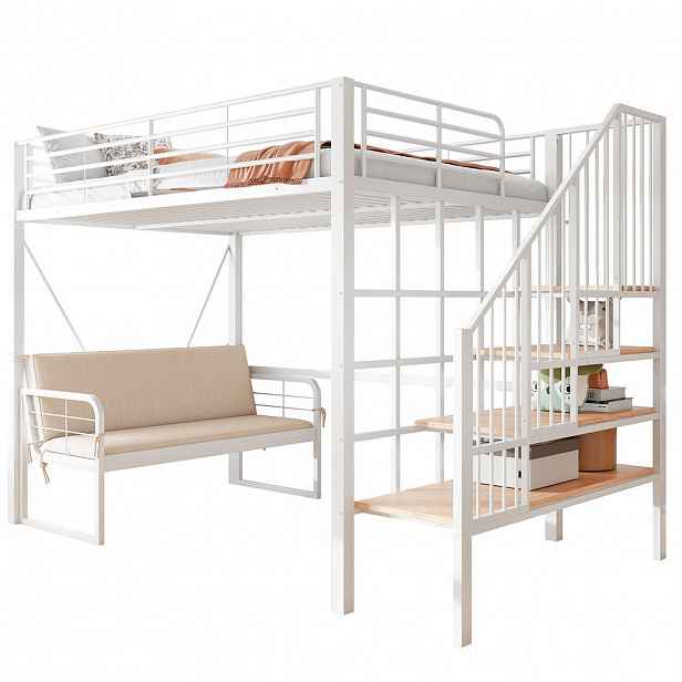 CHICFURN PATROVÁ POSTEL 140/200 cm v bílé barvě se schodištěm, úložným prostorem a odnímatelnou pohovkou