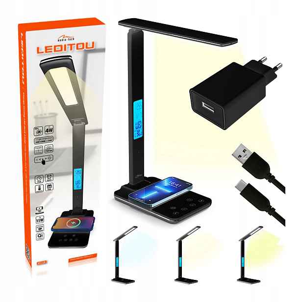 Led Stolní Lampa Media-tech S Bezdrátovým Nabíjením Qi 15W, Hodinami A Budíkem, Černá