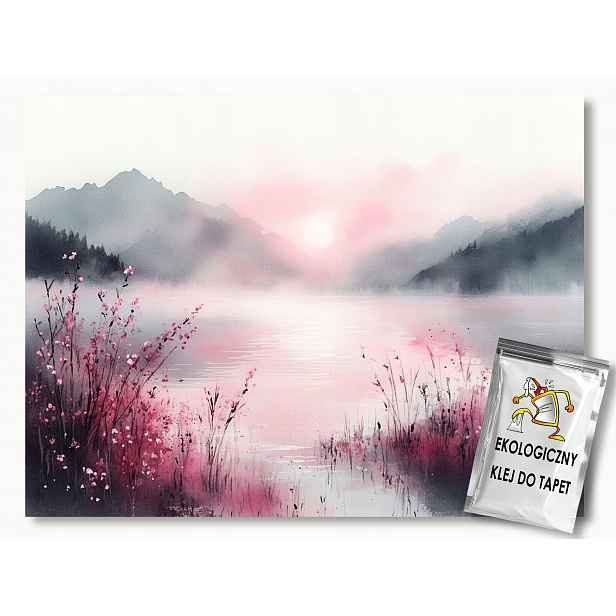 Fototapeta Flizelina Krajina Hory Jezero Květiny Šedá Růžová 416x254 130g